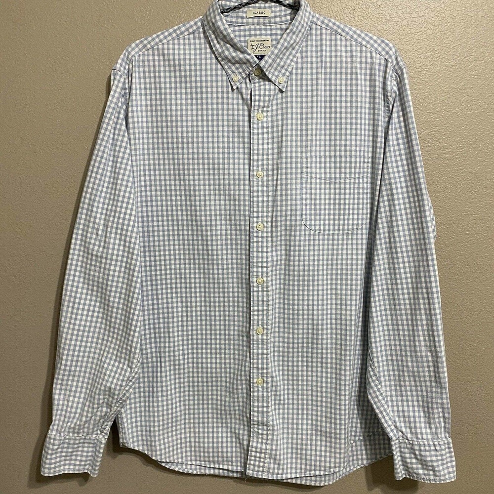 J. Crew Men's White & Blue Check Plaid Cotton Long Sleeve Button-Down Shirt Sz L